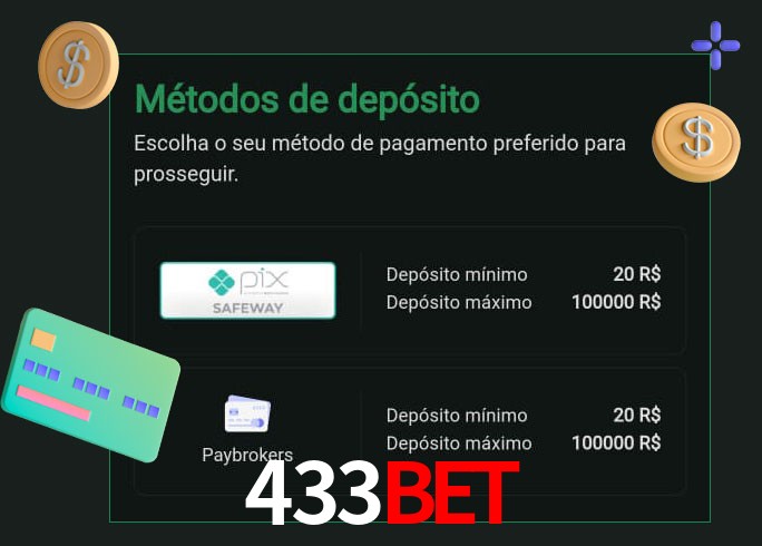 O cassino 433Bet oferece uma grande variedade de métodos de pagamento